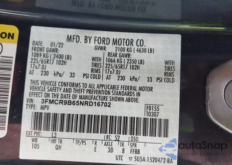 2022 Ford Bronco Sport Big Bend z USA, uszkodzony, nr VIN 3FMCR9B65NRD16702